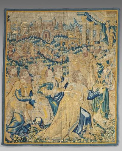 null FLANDRES Fragment de tapisserie en laine polychrome à décor d'une scène de rois...