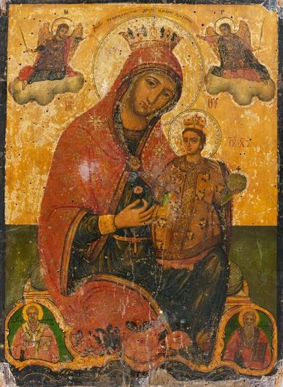 null ICÔNE.
La Mère de Dieu à l'enfant couronnés. Au-dessus d'elle deux anges tiennent...
