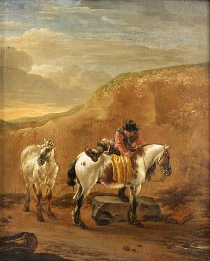 Attribué à Pieter WOUWERMANS (Haarlem 1623 - 1682) Cavalier montant sur son cheval...
