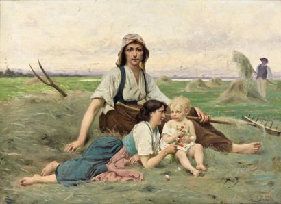 François-Alfred DELOBBE (1835-1915) Le repos en famille aux champs. Huile sur toile,...