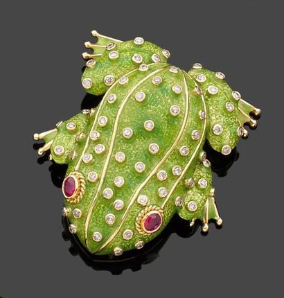 null Broche-pendentif en or jaune et émail vert translucide en forme de grenouille,...