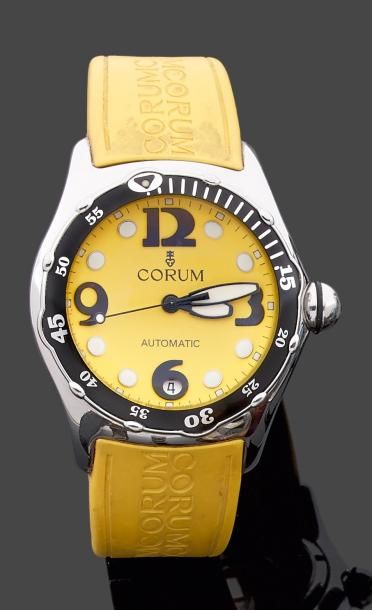 CORUM "BUBBLE" Montre bracelet d'homme en acier. Cadran jaune avec chiffres arabes,...