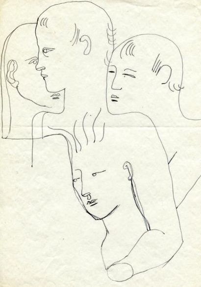 COCTEAU (Jean) Composition aux quatre visages, étude pour "le livre blanc". Dessin...