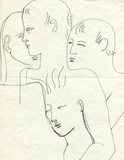 COCTEAU (Jean) Composition aux quatre visages, étude pour "le livre blanc". Dessin...