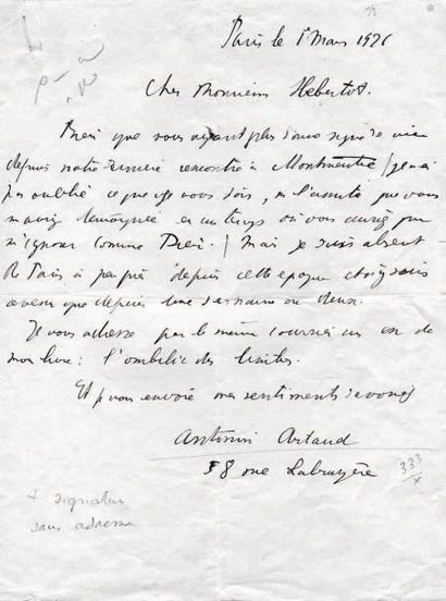 ARTAUD (Antonin) Réunion de 4 lettres autographes, signées à Jacques HÉBERTOT. Paris...