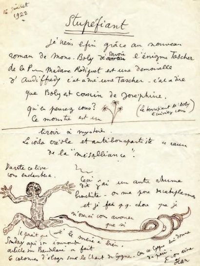 COCTEAU (Jean) «Stupéfiant». Lettre autographe, signée du prénom, avec DESSIN ORIGINAL,...