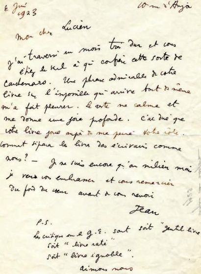 COCTEAU (Jean) Lettre autographe, signée du prénom à Lucien DAUDET. [Paris] 10 rue...