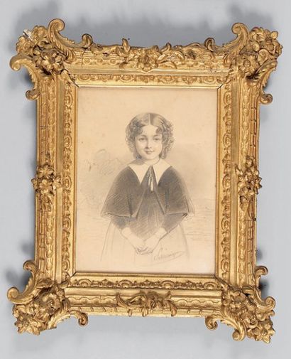 Henri SCHLESINGER (1814-1893) "Portrait de petite fille". Dessin à la mine de plomb...
