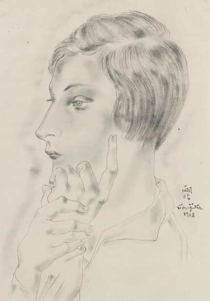 Léonard-Tsuguharu FOUJITA (1886-1968) Tête de femme pensive, 1928. Dessin à l'encre...