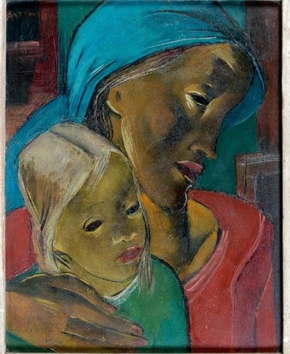 Georges ARTEMOFF (1892-1965) Femme et enfant. Huile sur carton signée en haut à gauche....