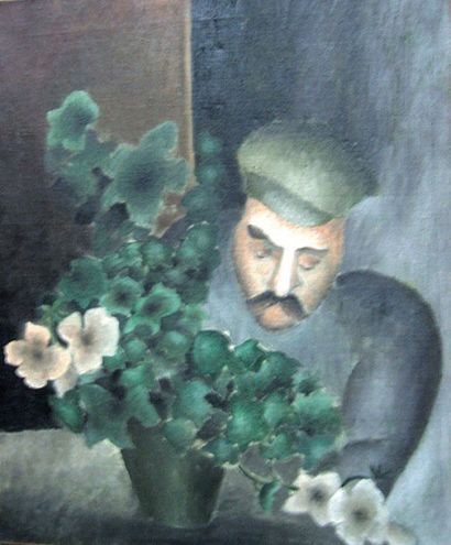 Suzanne ROGER (1899-1986) Le jardinier ou homme devant un bouquet. Huile sur toile...