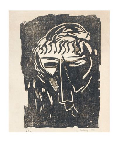 Moïse KISLING (1891-1953) Tête d'homme. 1916. 32 x 22 cm. Bois en noir. Epreuve signée...