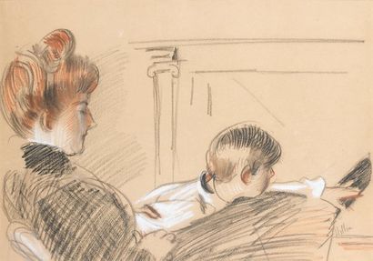 Paul-césar HELLEU (1859-1927) Femme et enfant. Dessin aux trois crayons signé en...