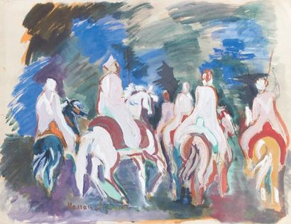 Hassan EL GLAOUI (1924) Six cavaliers de dos. gouache sur papier fort signée en bas...