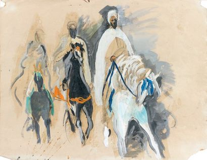 Hassan EL GLAOUI (1924) Trois cavaliers de face. gouache sur papier fort non signée....