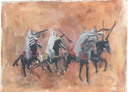 Hassan EL GLAOUI (1924) Fantasia aux quatre cavaliers. gouache sur papier fort signée...