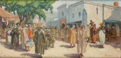 Paul CIROU (1869-1951) Rue animée à Tlemcen. Huile sur panneau signée en bas à droite...