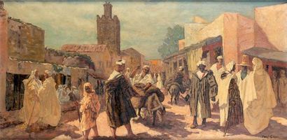 Paul CIROU (1869-1951) Rue animée à Tlemcen. Huile sur panneau signée en bas à droite...