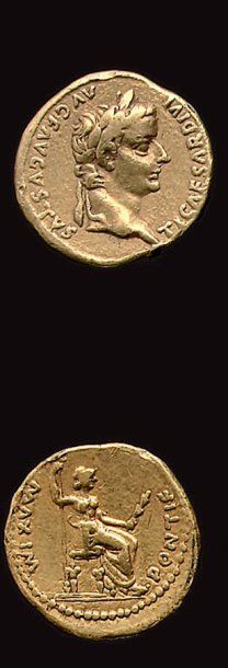 "ROME. Tibère (14-37)" "Auréus. 7,72 g. Sa tête laurée à d. R/Livie assise à d. C....