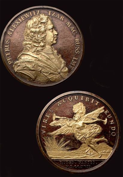 null "RUSSIE. pierre le Grand à paris. 1717 Médaille en bronze verni avec les reliefs...