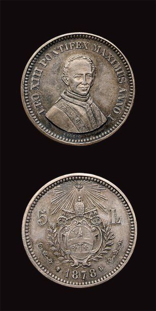 "LEON XIII (1878-1903)" " 5 lires 1878. Superbe."