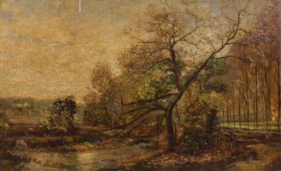 Emile LOUBON (1803-1863) Paysage au grand arbre. Huile sur panneau, signé en bas...