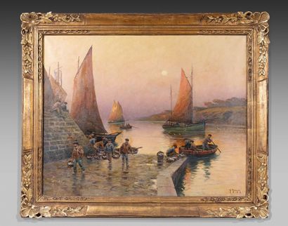 Georges MARONIEZ (1865-1933) Le déchargement des paniers de pêche à l'aube. Huile...