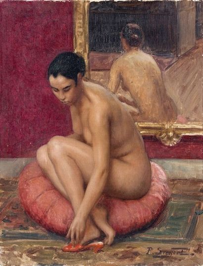 Paul SIEFFERT (1874-1957) Nu assis devant un miroir. Huile sur toile, signée en bas...