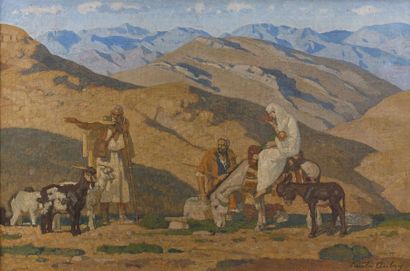 Émile AUBRY (1880-1964) Le repos dans le désert. Huile sur toile, signée en bas à...