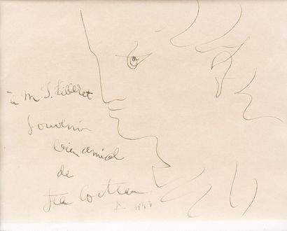 Jean COCTEAU (1889-1963) Profil, 1947. Encre sépia, signée, datée et avec un envoi...