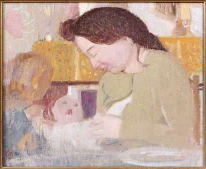 Maurice DENIS (1870-1943) Maternité rose et jaune, 1906. Huile sur toile (rentoilée),...