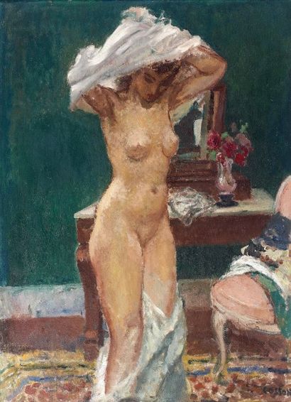 Marcel COSSON (1878-1956) Femme se dénudant. Huile sur toile, signée en bas à droite....