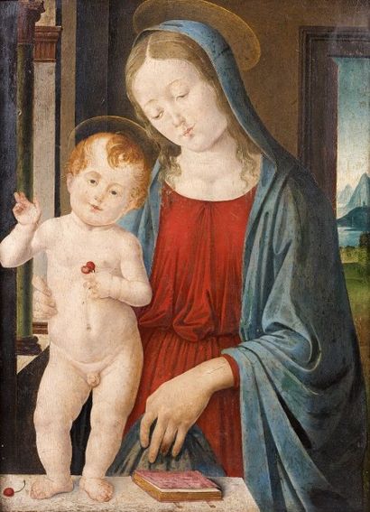 Ecole toscane du dernier quart du XVe siècle Vierge à l'enfant Jésus aux cerises....