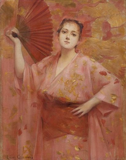 Léon COMERRE (1850-1916) Jeune fille en kimono à l'éventail. Huile sur toile, signée...