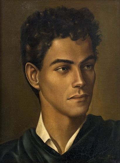 Léonor FINI (1907-1996) Portrait de jeune homme.
Huile sur papier marouflé sur toile,...