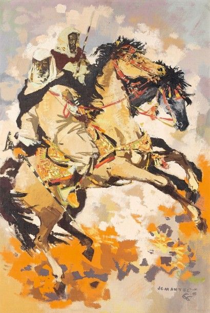 Jean Gaston MANTEL (1914-1995) Deux cavaliers. Huile sur toile marouflée sur Isorel,...