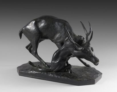 Antoine Louis Barye (1796-1875) Panthère saisissant un cerf. Epreuve en bronze à...