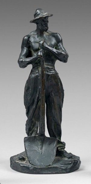 Aimé Jules DALOU (1838-1902) Terrassier appuyé sur sa pelle. Epreuve en bronze à...