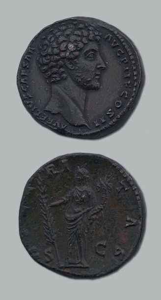 null Marc Aurèle (161-180) Sesterce: Sa tête nue à droite R/ Hilaritus. [RIC 1260]...