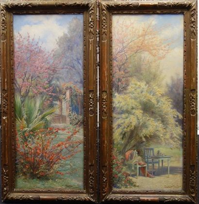 Eugène DEULLY (1860-1933) Paysages au jardin. Deux huiles sur toile, formant pendant,...
