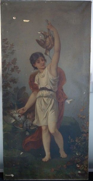 Ecole FRANCAISE de la fin du XIXème siècle Jeune garçons aux gibiers. Huile sur toile,...