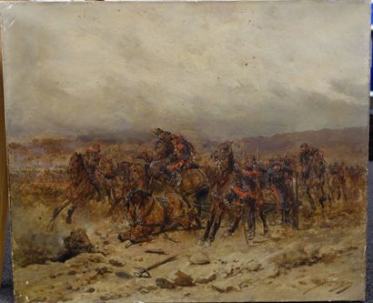 Wilfrid Beauquesne (1847-1913) Convoi d'artillerie. Huile sur toile, signée en bas...