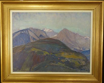 Oswald PILLOUD (1873-1947) Paysage de montagne. Huile sur panneau, signé en bas à...
