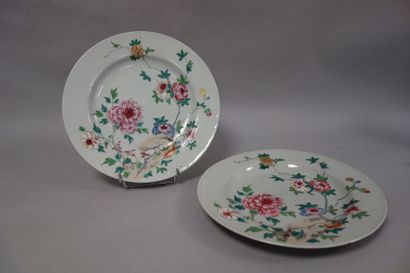 CHINE Paire d'assiettes en porcelaine à décor floral polychrome. Epoque XVIIIème...