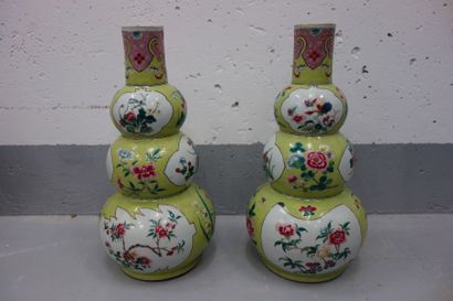CHINE Paire de vases bouteilles à trois bulbes en porcelaine à décor floral polychrome...