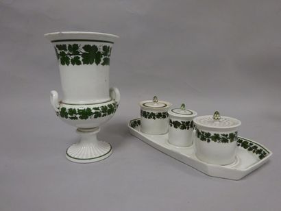 MEISSEN Encrier 3 pièces avec plateau en porcelaine blanche émaillée vert à décor...