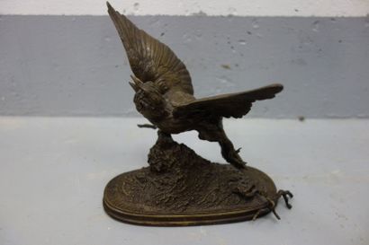 D'Après Ferdinand PAUTROT (1832-1874) Oiseau branché. Epreuve en bronze patiné, signée...