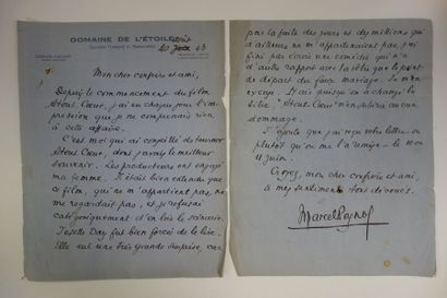 Marcel pagnol Lettre manuscrite datée du 20 août 1943 concernant le tournage et le...