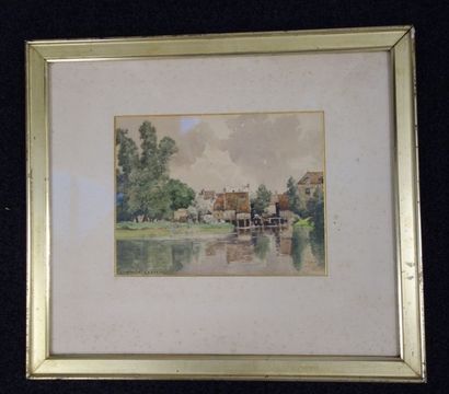 EDME EMILE LABORNE (1837-1913) Paysage au moulin à eau. Aquarelle, signée en bas...
