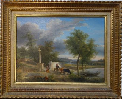 ECOLE FRANCAISE DU XIXème siècle Paysage au calvaire. Huile sur toile. 24,5 x 33...